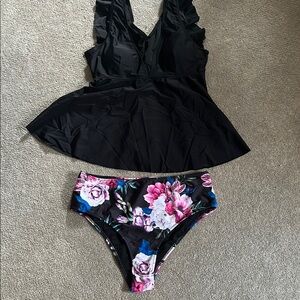 Black Swim top with Floral Bikini Bottom